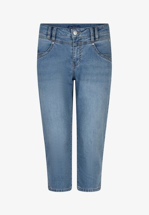 Lyseblå croppede cowboybukser med forlommer, bæltestropper og knaplukning, vist på en hvid baggrund.