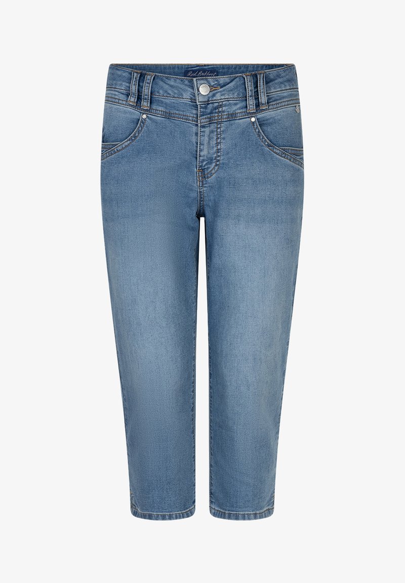 Lyseblå croppede cowboybukser med forlommer, bæltestropper og knaplukning, vist på en hvid baggrund.