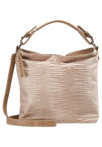 Borsa in tessuto beige con design testurizzato e plissettato. Presenta una chiusura superiore con cerniera e una tracolla regolabile. Dettagli in pelle liscia.