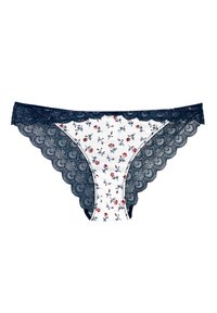 Navy stringtanga met kantafwerking, voorzien van een witte stof met een bloemenprint in rood en blauw. Het kant heeft een geschulpte rand voor extra detail.