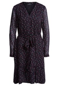 Marine jurk met lange mouwen, V-hals, knoopsluiting aan de voorkant en een strik in de taille. Bedrukt met kleine rode, witte en grijze hartjes; gerimpelde zoom.