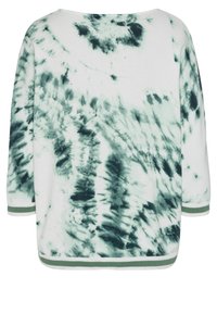 Langearmige top van zachte stof met een groen-wit tie-dye patroon. Ronde halslijn met effen groene geribbelde manchetten en zoom.