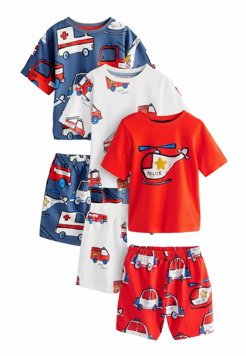 Två par shorts och tre t-shirts i bomull, med klara färger. Mönster inkluderar räddningsfordon och en design med en helikopter.