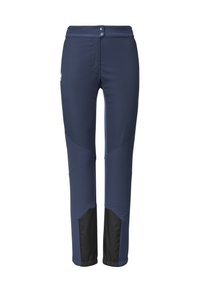 Pantalons de plein air bleu marine au design ajusté, fabriqués en tissu doux. Dotés d'accents noirs sur le bas des jambes et d'une taille élastique avec deux boutons.