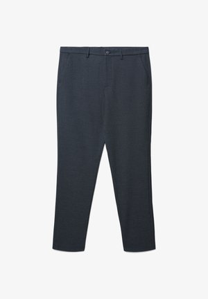 Dunkelgraue, maßgeschneiderte Hose aus strukturiertem Stoff mit seitlichen Taschen, vorderer Knopfverschluss und schlankem, geradem Bein.