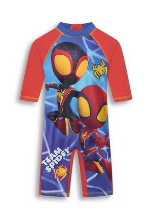 Children's short-sleeve swimsuit with red sleeves and two cartoon Spider-Man characters in black and red suits, "TEAM SPIDEY" text, and spider icons.