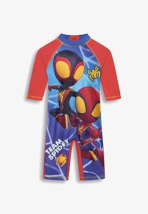 Children's short-sleeve swimsuit with red sleeves and two cartoon Spider-Man characters in black and red suits, "TEAM SPIDEY" text, and spider icons.