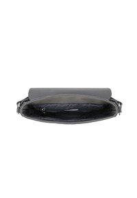 Grå læder clutch taske med en glat tekstur, lynlås lukning og en indvendig lomme. Åben toppen afslører en mørk stofforing indeni.
