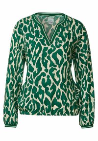 Pullover leopard print verde e crema con maniche lunghe, scollo a V, orlo elasticizzato e polsini a strisce a contrasto. Realizzato in tessuto liscio.