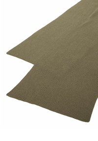 Ribbet olivenfarvet tørklæde lavet af blødt stof, med en rektangulær form og rene kanter, ideelt til lag-på-lag eller ekstra varme.