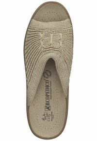 Sandalini beige senza lacci con superiore in tessuto testurizzato e design intrecciato. La soletta imbottita presenta perforazioni per la traspirabilità.