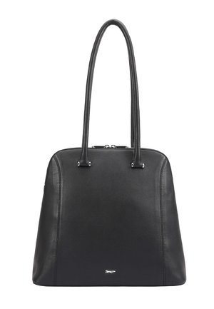 Sac à main en cuir noir avec deux longues anses, fermeture éclair argentée, et petit logo animalier argenté au centre avant.