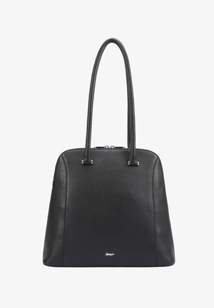 Sac à main en cuir noir avec deux longues anses, fermeture éclair argentée, et petit logo animalier argenté au centre avant.