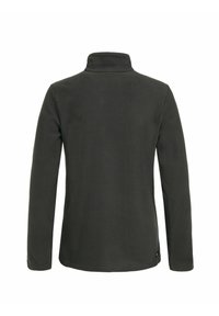 Pull en polaire gris foncé avec un col montant et des manches longues. Texture douce, finition lisse et sans fermetures ni motifs visibles.
