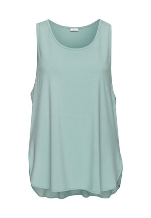Light blue sleeveless tank top made from soft fabric, featuring a round neckline and curved hem, with a relaxed fit and no visible hardware.