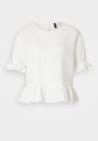 Bluză albă cu volane, mâneci scurte, material texturat, decolteu rotund și tiv tip peplum. Închidere cu buton la spate.