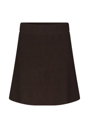Brun ribbestriktet skjørt med en tettsittende midje og utvidet avslutning. Har teksturerte detaljer for et strukturert utseende.