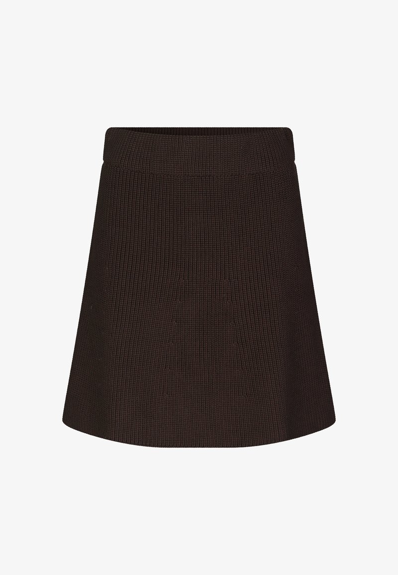 Jupe en tricot côtelé marron avec une taille ajustée et un ourlet évasé. Présente des détails texturés pour un look structuré.