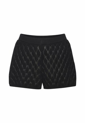 Schwarze gestrickte Shorts mit einem strukturierten Lochmuster und elastischem Bund vor weißem Hintergrund.