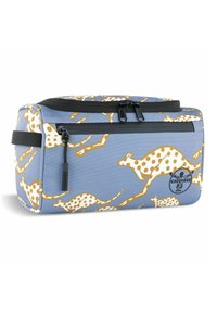 Blauwe rechthoekige tas met een patroon van witte en gouden kangaroes; voorzien van een rits aan de bovenkant en een zwarte ritsvak aan de voorkant.