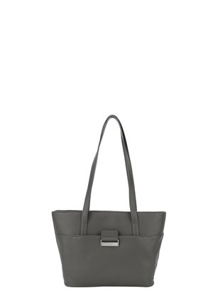 Grå læder tote taske med to lange håndtag, rektangulær form, enkelt frontlomme og en metalspænde som accent på lukningen.