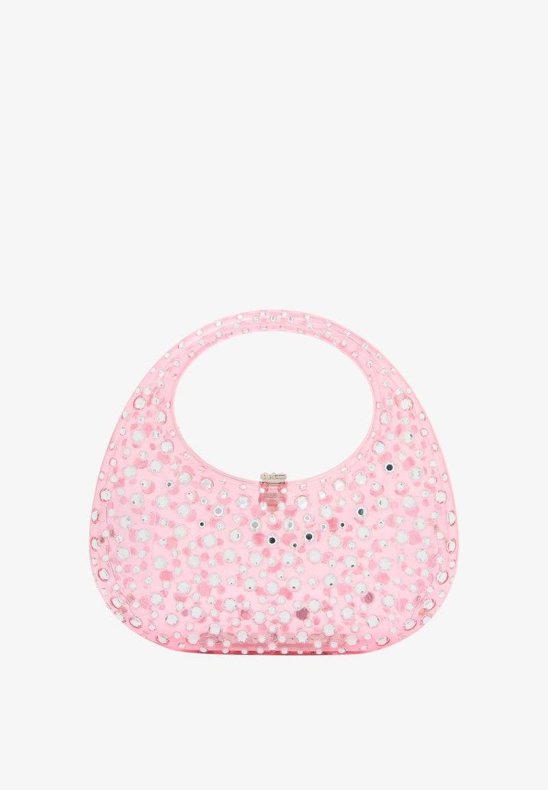 Rózsaszín, áttetsző, kerek formájú táska, kör alakú ezüst szegecsekkel díszítve, tetején csattal záródik és sima tapintású.