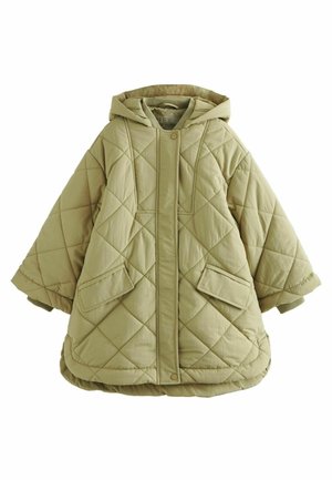 Veste matelassée vert olive à capuche, manches larges, fermeture devant par pressions et zip, avec deux poches avant à rabat.