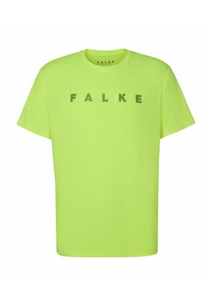 T-shirt à manches courtes de couleur vert néon, en coton, avec le nom de la marque "FALKE" imprimé en lettres noires épaisses sur la poitrine.