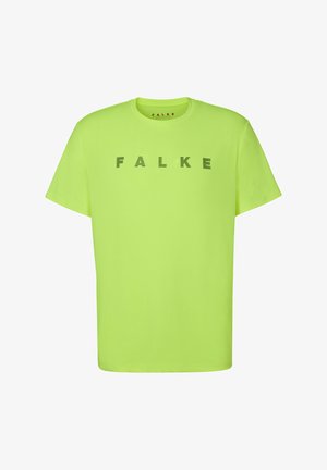 Neonowozielony, bawełniany t-shirt z krótkim rękawem, z nazwą marki "FALKE" w pogrubionej czarnej czcionce na klatce piersiowej.