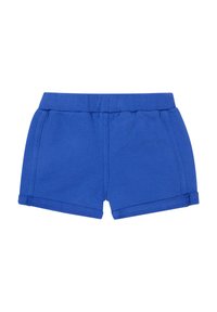 Niebieskie bawełniane szorty z elastycznym paskiem w talii, bocznymi szwami i podwiniętymi nogawkami. Gładka tekstura, casualowy styl, odpowiedni na ciepłe dni.