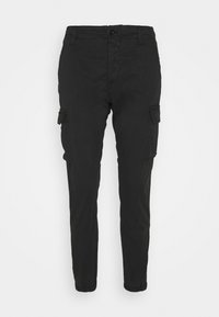 Černé cargo kalhoty s tapered střihem, vyrobené z lehkého materiálu. Mají dvě boční kapsy a elastické manžety na kotnících.