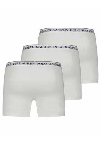 Fehér boxer alsónadrág tengerészkék elasztikus derékkal, rajta "POLO RALPH LAUREN" logóval, varrás nélküli kialakítással, puha anyaggal és testhez simuló formával.