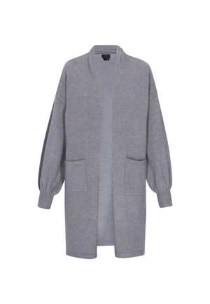 Grå lang cardigan i blødt strikket stof, med løs pasform, drop shoulder, to frontlommer og ribbede ærmer. Åben frontdesign.