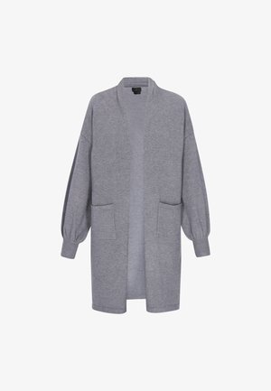 Gray long cardigan in soft knit fabric, featuring a loose fit, dropped shoulders, two front pockets, and ribbed cuffs. Open front design.