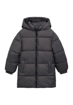 Schwarze lange Steppjacke mit Kapuze, Frontreißverschluss, zwei Seitentaschen und elastischen Bündchen an den Ärmeln.
