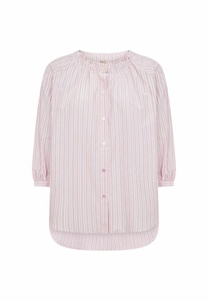 Világos rózsaszín blúz vékony, függőleges csíkokkal, kerek, ráncolt nyakkivágással, gombos elejjel, és háromnegyedes pöttyös ujjakkal, mandzsettával.