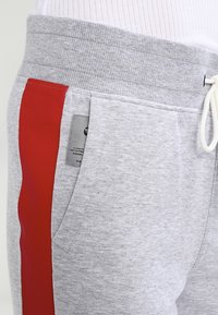 Grå sweatpants med en röd sidweek, elastisk midja, framfickor och en märkesetikett på vänster fickområde. Mjuk texturerad tyg.