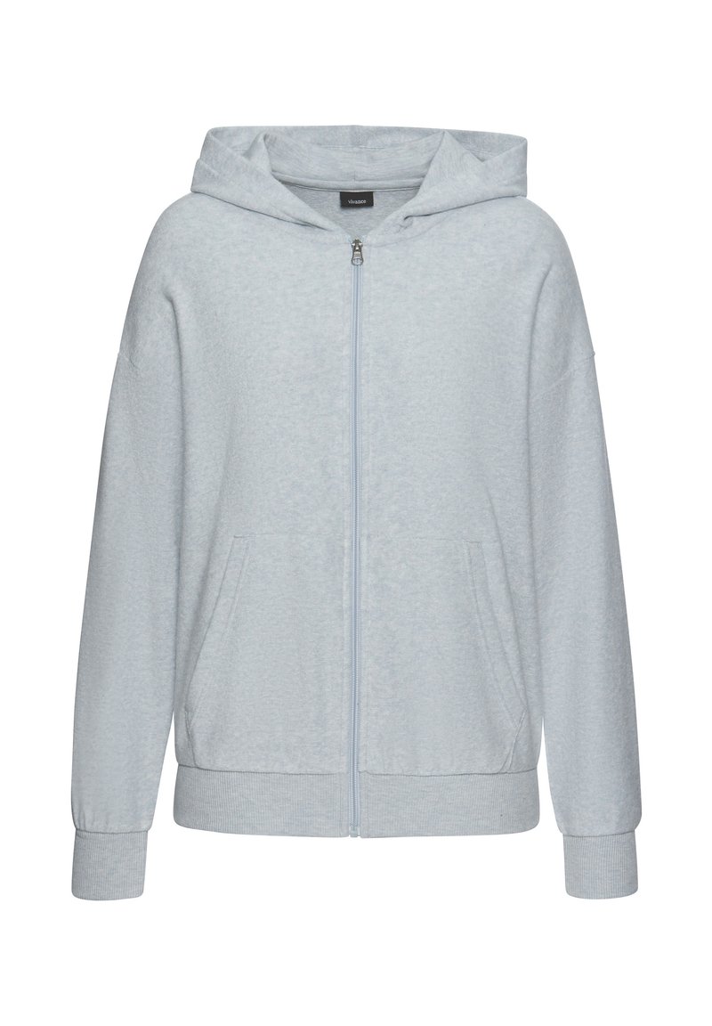 Helle graue Kapuzenjacke mit Reißverschluss, aus weichem Stoff, verfügt über eine geräumige Kapuze, zwei Vorderaschen und gerippte Bündchen in einem lässigen Schnitt.