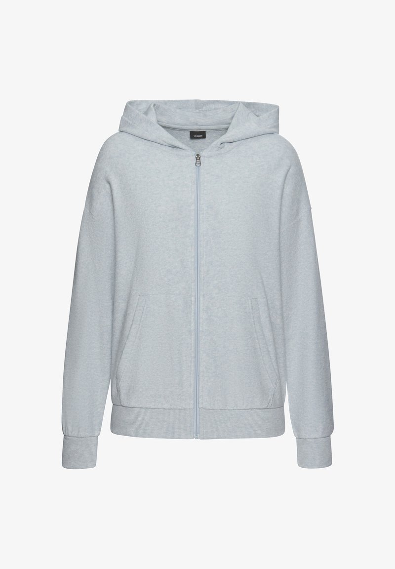 Lichtgrijze zip-up hoodie, gemaakt van zachte stof, heeft een ruime capuchon, twee voorzakken en geribbelde manchetten met een ontspannen pasvorm.
