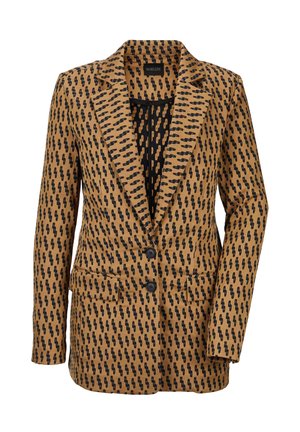 Gepöppelter Blazer aus braunem und schwarzem Stoff, mit einer Reverskragen, zwei Knöpfen und Fronttaschen mit geometrischem Design.