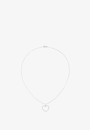 Zilveren ketting met een dunne schakels en een hartvormige hanger met een gestructureerd oppervlak. Eenvoudige sluiting om vast te maken.