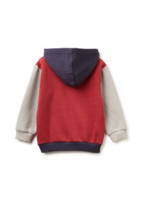 Sudadera roja y gris con capucha azul marino, con puños y dobladillo acanalados. Hecha de tela suave con colores de mangas en contraste.