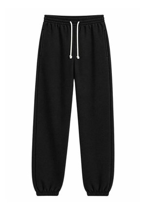 Pantalones deportivos negros con cintura y puños elásticos, cordón blanco y bolsillos laterales, mostrados sobre un fondo blanco.