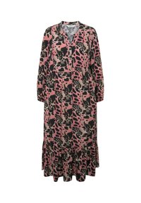Robe à motifs floraux avec un jeu de couleurs rose, noir et crème. Dotée d'un décolleté en V, de manches longues et d'un ourlet volanté.