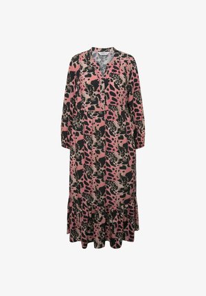 Blomsterprintet kjole med en farvepalette i pink, sort og creme. Har en V-udskæring, lange ærmer og en flæsekanter.