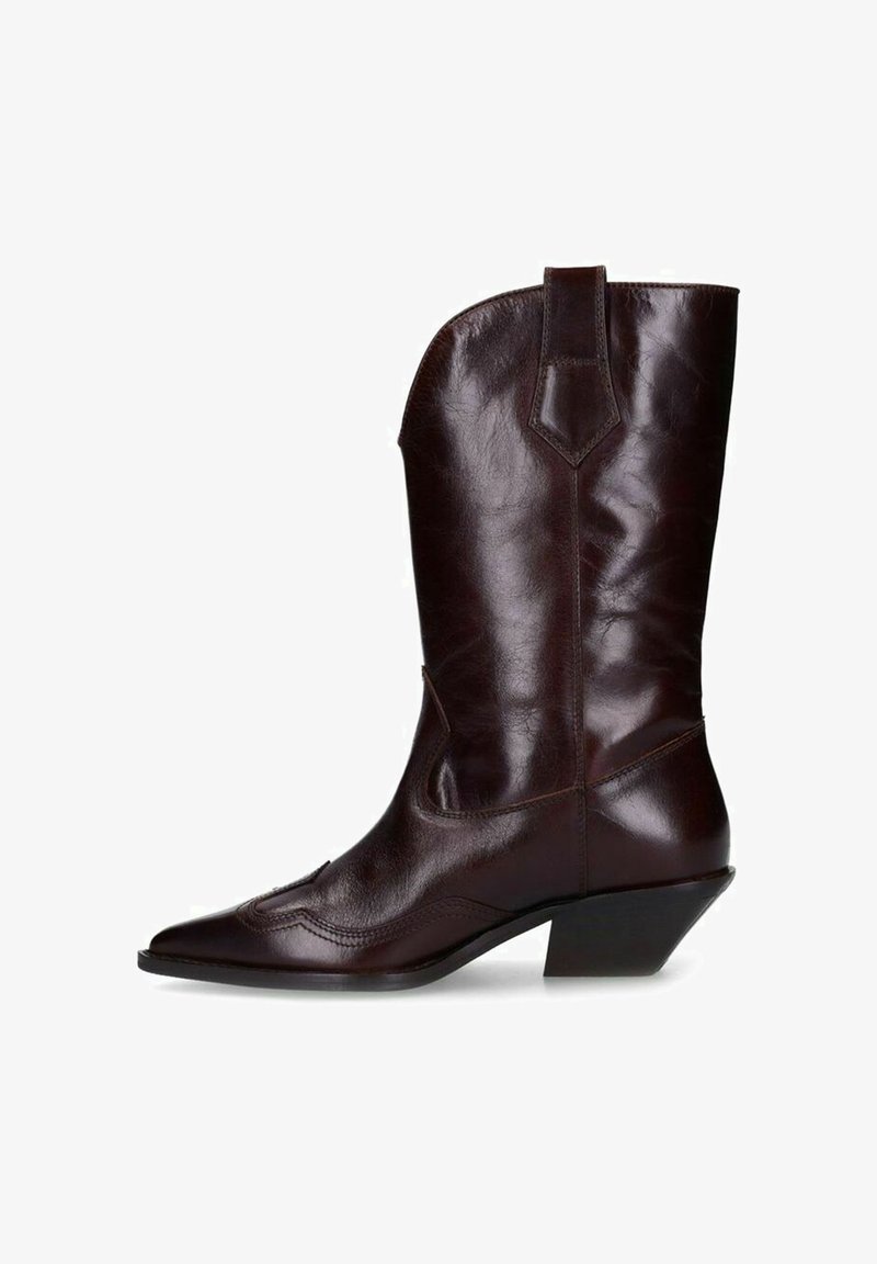 Donkerbruine leren cowboylaars tot halverwege de kuit met een puntige neus, schuine blokhak en decoratieve stiksels op het bovenwerk.