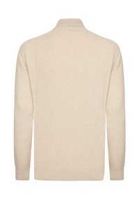 Beige, ribbed knit pullover sweater with a high neckline and long sleeves. Features a textured fabric and fitted cuffs and hem.
