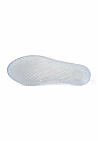 Semelle intérieure en caoutchouc transparent avec une surface texturée présentant de petites prises circulaires et une étiquette de taille estampée dans la zone du talon.