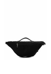 Černá ledvinka z měkké látky, trojúhelníkového tvaru, s přední kapsou na zip, horním držadlem a nastavitelným popruhem.