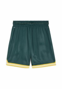 Gröna nätartade sportshorts med elastisk midja, med gula och vita ränder vid fållen och ett ventilerande tyg för bekvämlighet.
